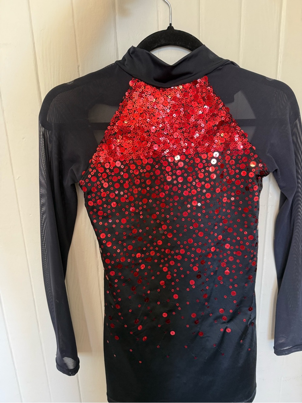 Black Long-Sleeve Sequin Dance dress with Red Sequin Detail